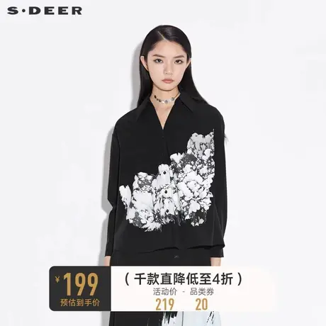 【商场同款】sdeer圣迪奥时尚V领撞色印花长袖黑色衬衫S21380516商品大图
