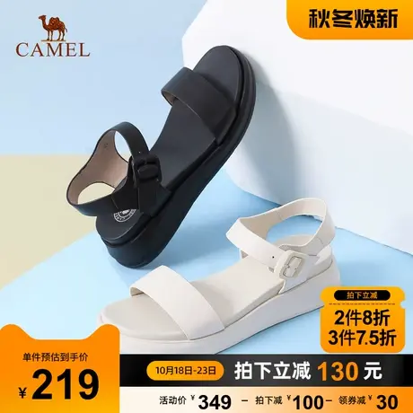 骆驼凉鞋女2023年新款女鞋软底一字带凉鞋真皮休闲坡跟厚底凉鞋女商品大图