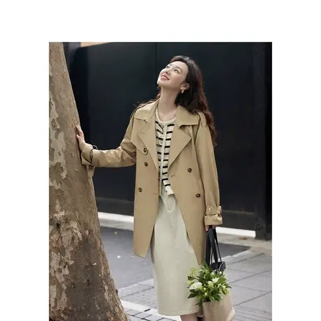 茵曼英伦风气质双排扣风衣2023秋女装新款系带收腰宽松落肩袖外套图片