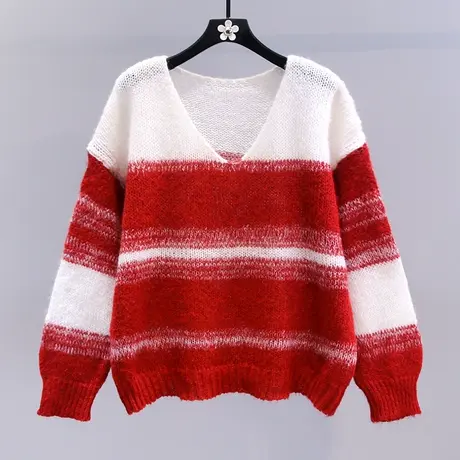 温柔风软糯撞色条纹毛衣女秋冬2023年新款宽松时尚洋气V领针织衫商品大图