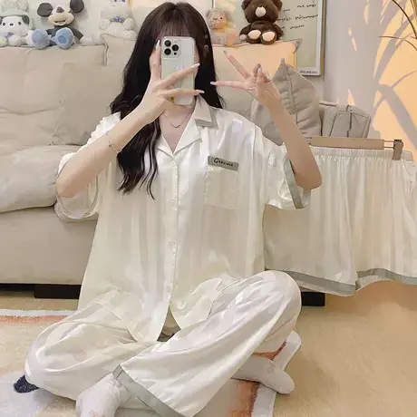 睡衣女款夏天夏季2023新款冰丝绸三件套短袖长裤萌兔家居服春秋款图片