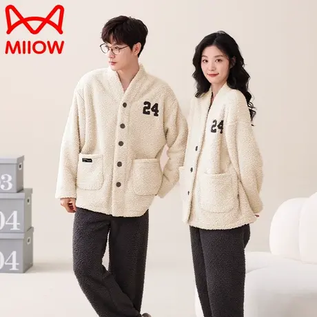 猫人情侣睡衣男款秋冬季加绒加厚珊瑚绒女士家居服睡袍半边绒套装图片