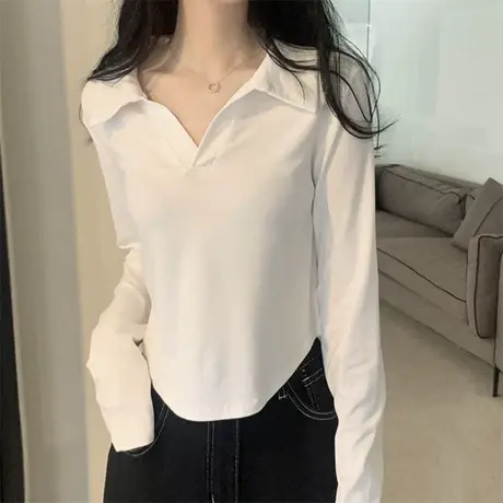 白色v领正肩长袖t恤女早秋新款修身显瘦内搭短款打底衫不规则上衣商品大图