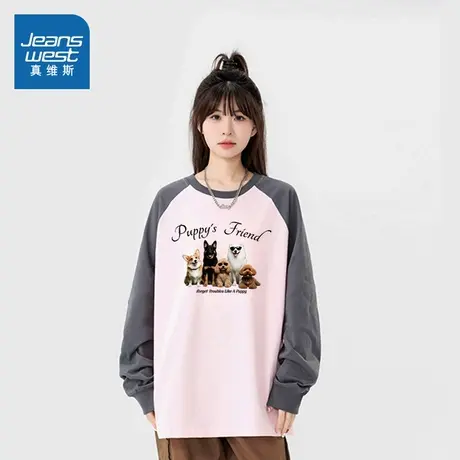 WX真维斯女装2025春季新款 插肩针织上衣宽松美式T恤打底衫女商品大图