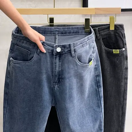 春秋季男士牛仔裤潮流简约百搭黑灰色修身小脚弹力休闲长裤男裤子图片