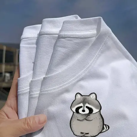 秀洛生气系列小浣熊小动物搞笑表情抱膀打底衫T恤夏纯棉短袖体恤商品大图