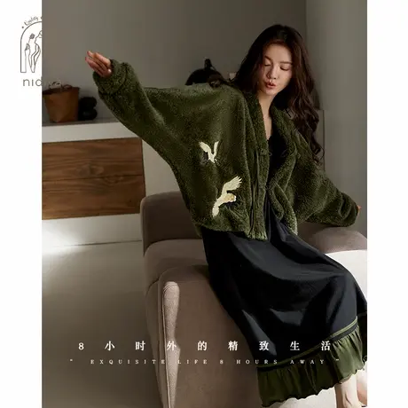 妮狄娅睡衣睡裙女冬季珊瑚绒开衫纯棉吊带裙新中式家居服两件套装商品大图