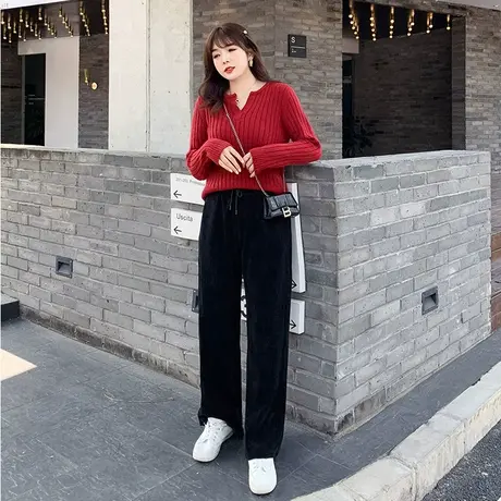 秋冬大码胖MM裤子厚显瘦宽松遮腿粗直筒垂感黑色灯心绒拖地裤女图片