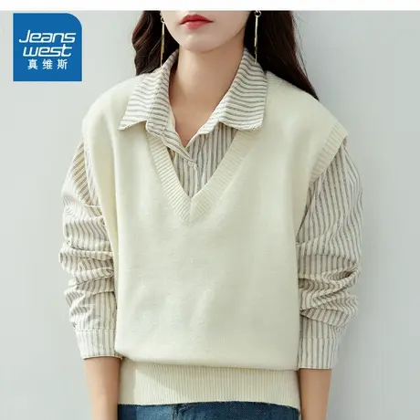 XB真维斯女装针织衫马甲 2025春季新款纯色温柔系V领显瘦套头上衣商品大图