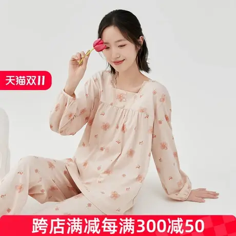 顶瓜瓜女春秋款顶呱呱花语江南女士纯棉长袖交叠方领家居服套装商品大图