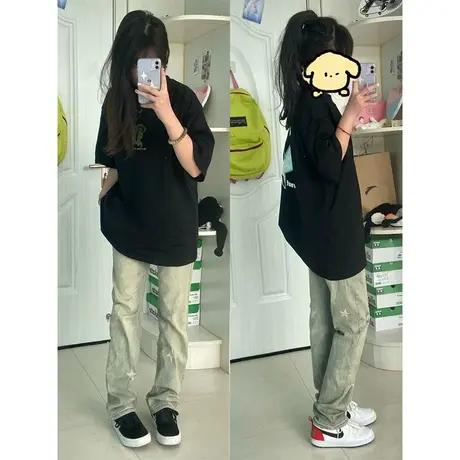 港味chic黑色大版t恤女复古中性风ins潮牌短袖宽松显瘦炸街上衣夏图片