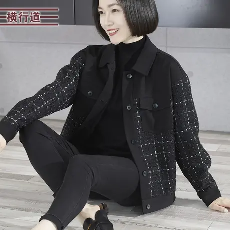 复古小香风大码气质单排扣翻领格子拼接宽松外套2023冬装新款女装商品大图