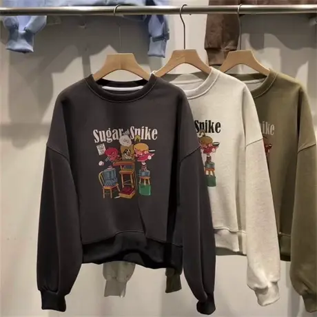 时髦复古美式印花圆领卫衣女2023早秋复合宽松韩版百搭套头上衣潮商品大图