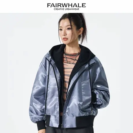 马克华菲假两件外套女2025新款春秋宽松连帽休闲百搭情侣装外套潮图片