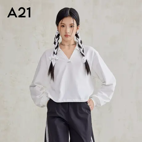 A21女装针织简约宽松翻领落肩针织卫衣2025新款短款无绒底卫衣图片