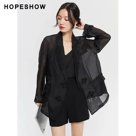 红袖outlets欧根纱薄款西装外套hopeshow2023夏款薄透翻领上衣女商品大图