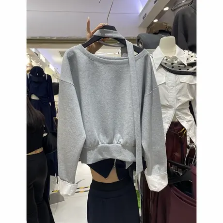十三行新款露肩斜领长袖卫衣女秋季新款慵懒风休闲宽松假两件上衣商品大图