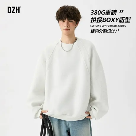 青少年浅灰色圆领拼接卫衣男秋季重磅圆领套头衫宽松上衣2025新款图片