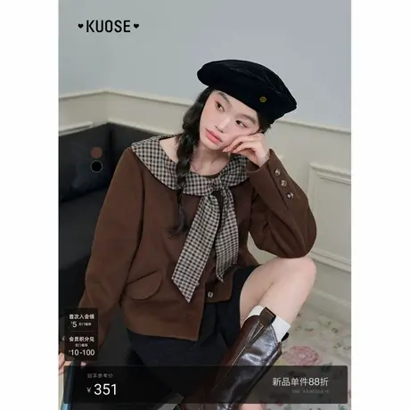 阔色深棕色西装毛呢外套短款女25秋冬季新款小香风蝴蝶结呢子上衣商品大图