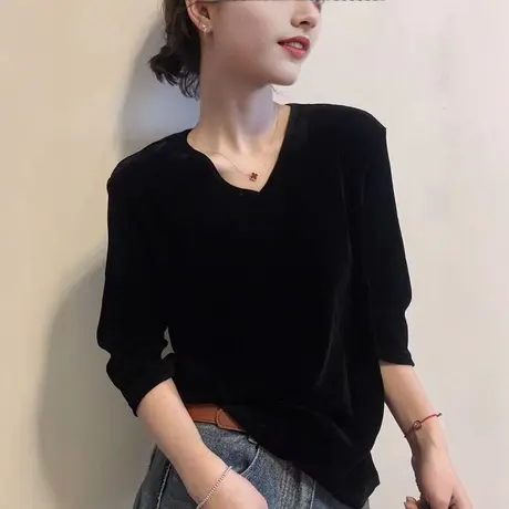 时尚V领中袖丝绒T恤女欧洲站2025早秋新款修身显瘦气质打底衫上衣图片