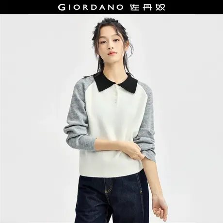 佐丹奴针织衫女装撞色毛织宽松插肩翻领半开襟针织衫 18354203商品大图