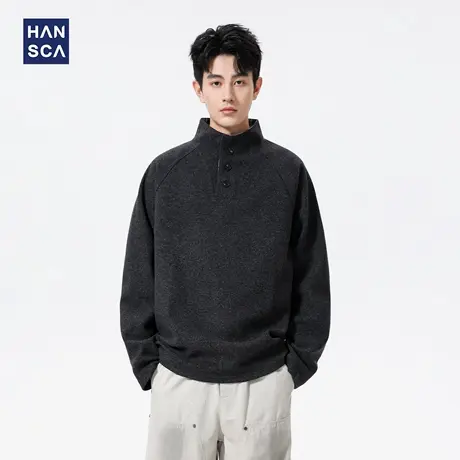 hansca秋季410g毛呢美式插肩长袖t恤男立领宽松慵懒风内搭打底衫商品大图