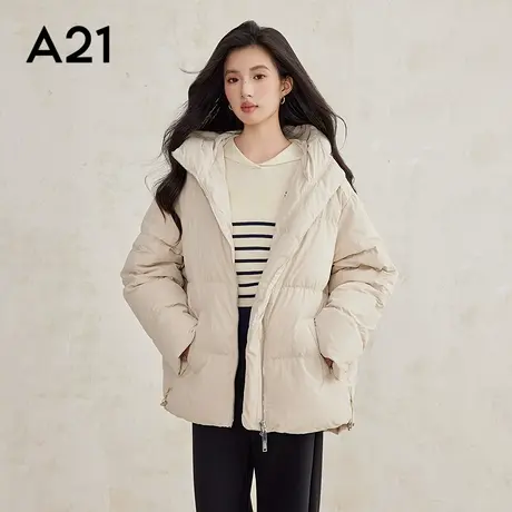 A21女装梭织宽松连帽落肩开襟厚短羽绒服简约短款休闲立领面包服商品大图