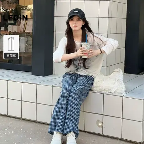 【昕怡粉丝专享】乐町宽松格子裤秋季蕾丝边百搭格纹垂感休闲裤商品大图