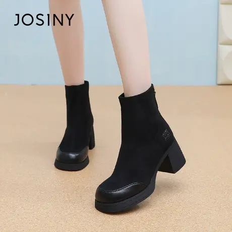 卓诗尼2025秋冬新款粗跟瘦瘦靴时尚百搭舒适短靴女后拉链时装靴女图片