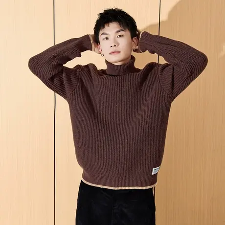 唐狮秋冬季新款男士毛衣高领复古潮流小撞色宽松男款针织上衣TE商品大图