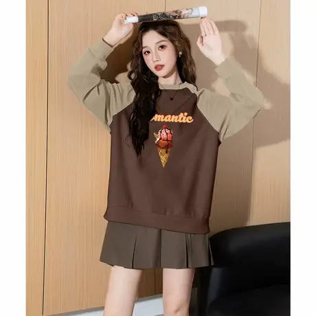 唐狮春秋新款圆领卫衣女针织蝴蝶结字母落肩卫衣休闲百搭外套TD商品大图