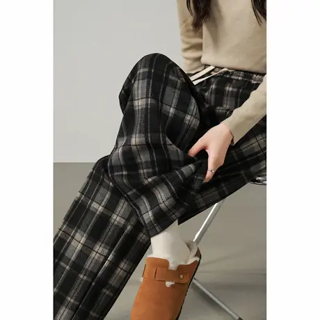唐狮格子裤女秋季新款阔腿裤女高腰松弛感休闲垂感拖地裤子TD图片