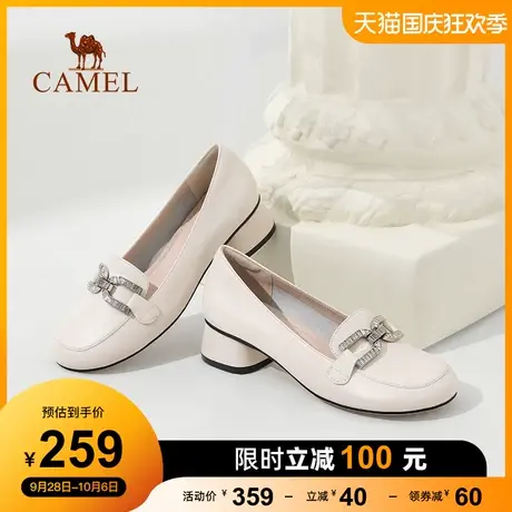 骆驼女鞋2023秋季新款真皮圆头中跟休闲乐福鞋小皮鞋粗跟单鞋女图片
