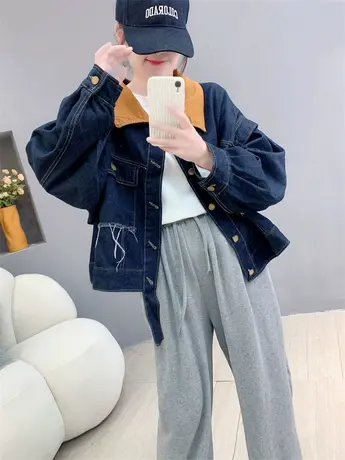 设计感灯芯绒领牛仔外套女短款2023新款秋冬宽松复古百搭夹克上衣商品大图