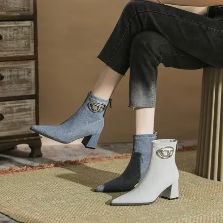 复古尖头短靴2023新款秋冬爆款靴子性感英伦风后拉链时尚短筒靴女图片