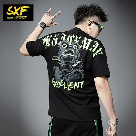 SXF圣希梵短袖男士夏季2023新款小熊印花烫钻T恤潮牌宽松体恤上衣商品大图