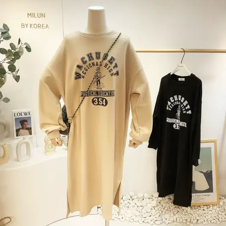 韩国东大门连衣裙2023春秋款慵懒休闲字母中长款卫衣裙毛圈棉大码商品大图