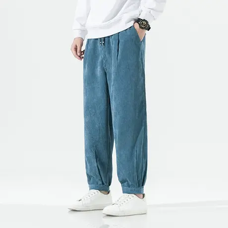 灯芯绒哈伦裤中国风宽松雾霾蓝男裤子条绒百搭收口休闲裤大码长裤商品大图