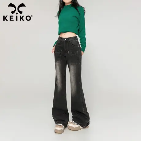 KEIKO 个性贴布口袋饰牛仔裤女2023新款复古潮酷宽松休闲拖地裤子商品大图