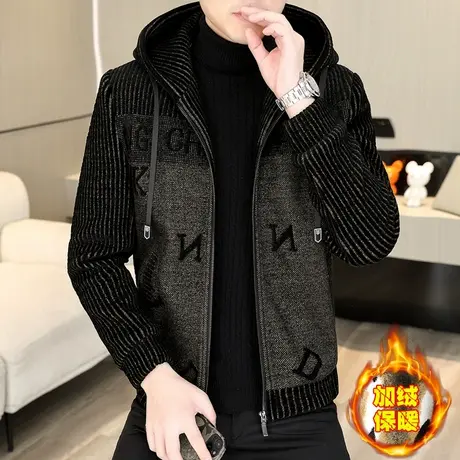 冬季男士连帽休闲呢子夹克短款加厚毛呢大衣加绒保暖轻奢冬装外套商品大图