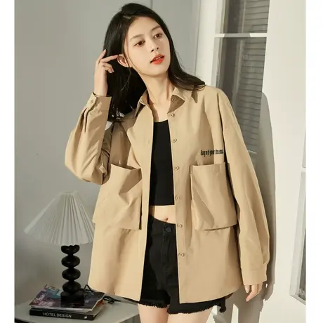 唐狮紫色薄款长袖衬衫女士春秋宽松慵懒风工装上衣衬衫衣服复古潮商品大图