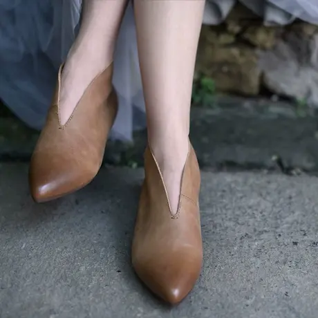 Artmu阿木秋新款休闲牛皮尖头裸靴休闲低跟单靴软底女鞋妈妈鞋商品大图