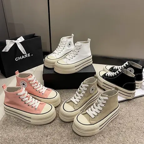 高帮帆布鞋女2023年新款春秋松糕厚底增高小个子休闲港风小白板鞋图片