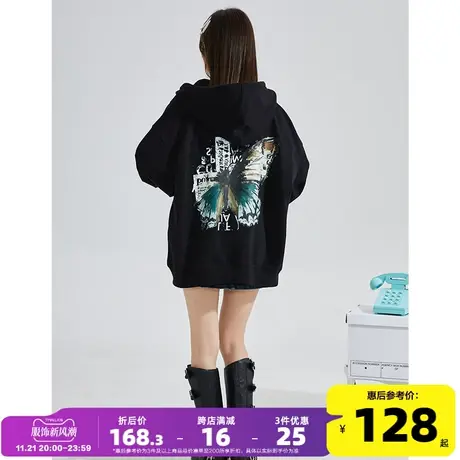 唐狮2024新款女卫衣YEP联名蝴蝶印花连帽卫衣开衫宽松oversize风G图片
