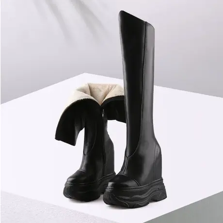 14cm真皮过膝长靴女秋冬高筒靴加绒全牛皮长筒靴厚底内增高雪地靴图片