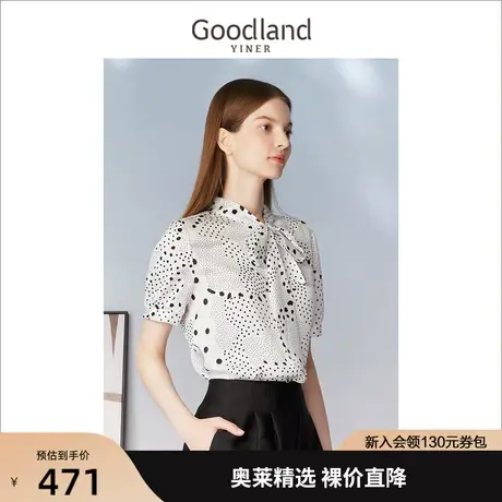 音儿美地女装2023夏季新款优雅黑白波点衬衫飘带领短袖上衣商品大图