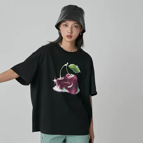 omont蛋挞家复古樱桃印花双层领宽松短袖t恤女夏季设计感盐酷上衣商品大图
