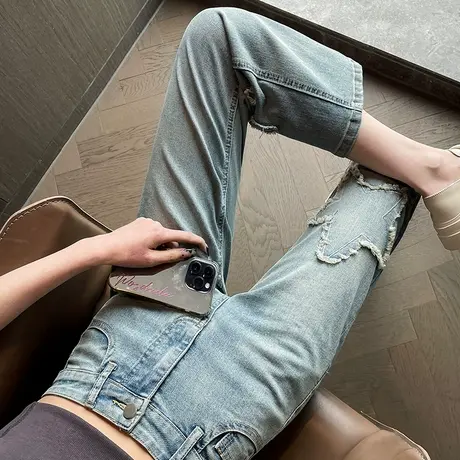 浅色烟管牛仔裤女春夏薄款高腰显瘦窄版小个子设计感九分直筒裤子商品大图