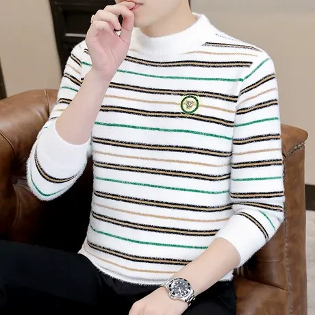 冬装加厚款半高领打底衫男潮流韩版水貂绒保暖加绒冬天针织线上衣商品大图