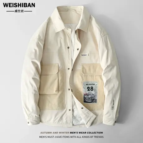 冬季拼接工装撞色白鸭绒轻薄保暖羽绒服男短款潮流痞帅极寒外套男商品大图